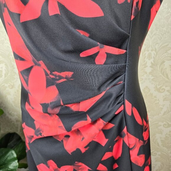 Karl Lagerfeld Sz 14 Black Red Floral Print Sheath Dress Sleeveless Ruched Front - Picture 3 of 14